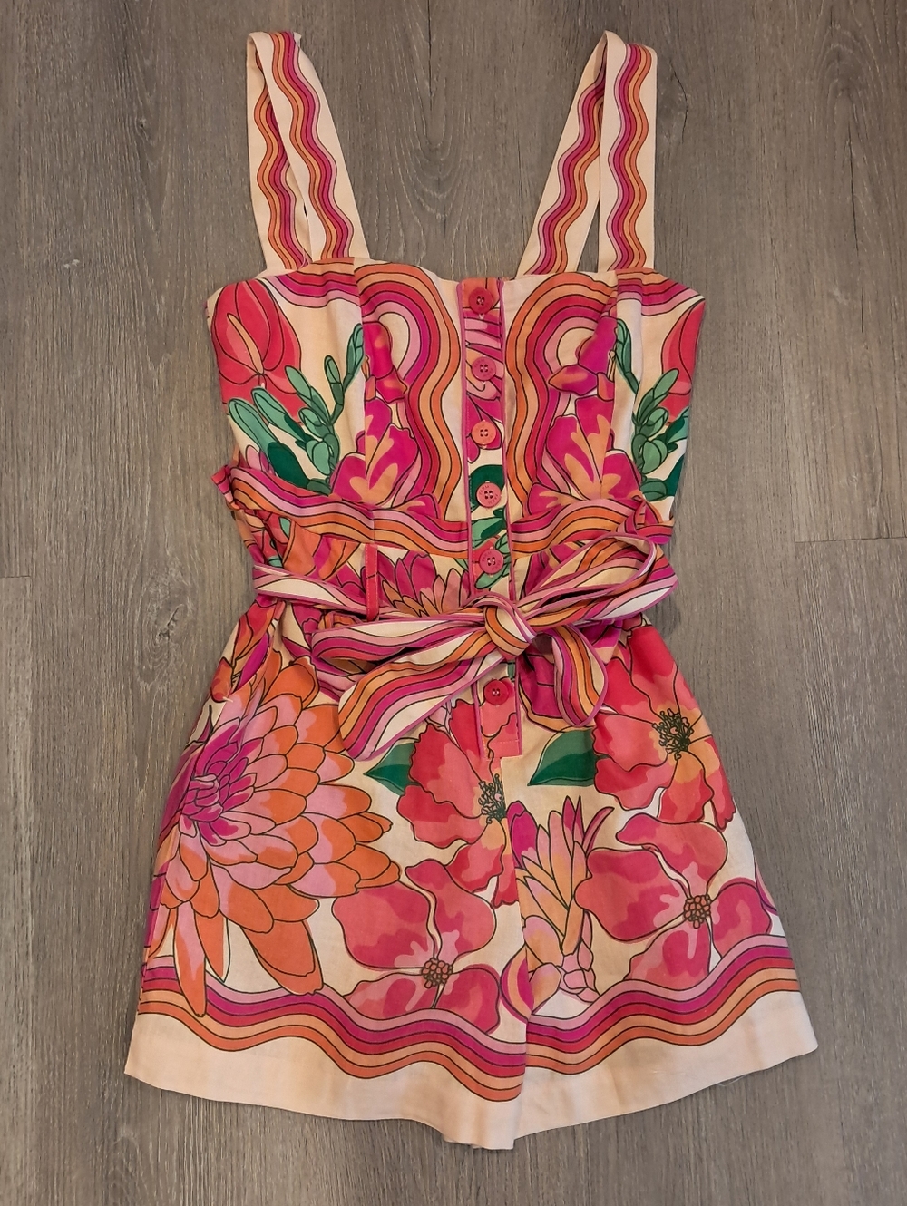 NWT XS FARM Rio Vibrant Pink Floral Romper with Tie Waist